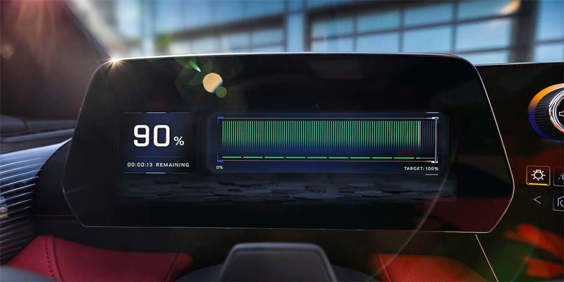 Electric vehicle dashboard displaying 90% battery charge level.